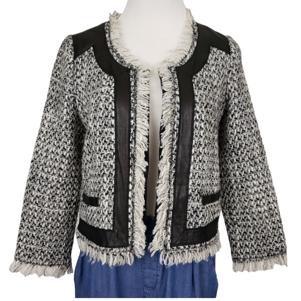Rebecca Taylor Leather Tweed Black and Gray Fringe Blazer Jacket sz 2